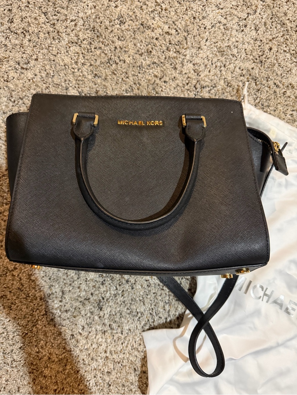Michael Kors Selma Black Saffiano Leather Satchel with Gold Hardware